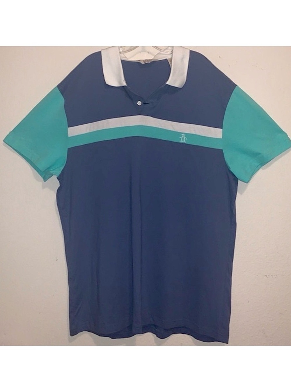 Original Penguin Striped Colorblock Stripe Polo Shirt Teal Blue White Top Golf